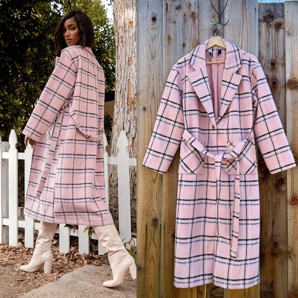 Lulus Jackets & Blazers - Retro Light Pink and Black Blue Plaid Longline Coat 🌿